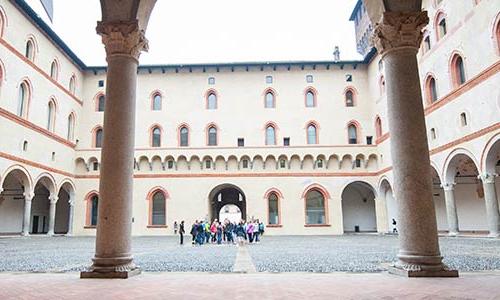 group of students in a plaza 